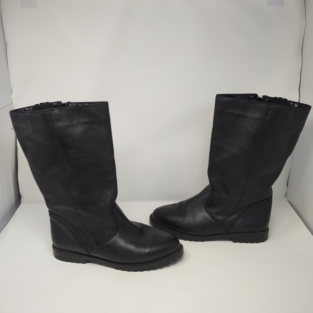 La Canadienne 11W wide black leather moto lug sole mid calf boots